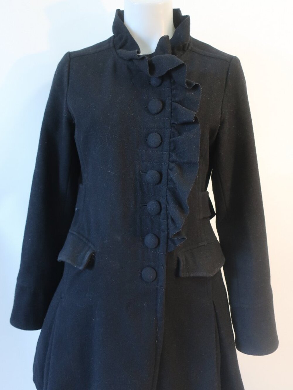 Womens Kimchi & Blue (Item-14) Black Ruffle Trim Wool Viscose Blend Pea Coat M